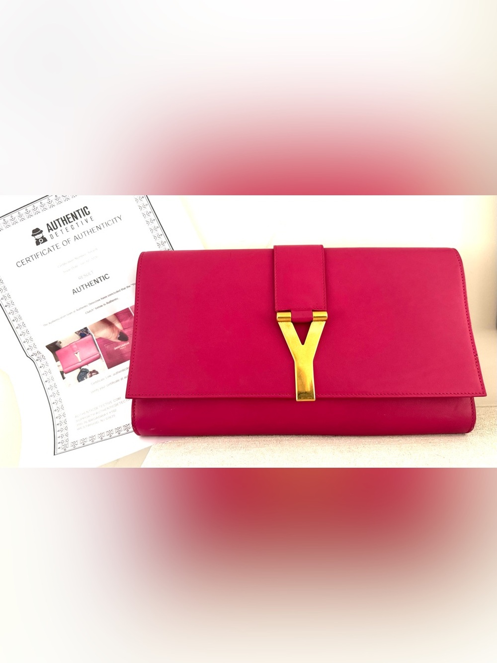 SAINT LAURENT Paris ChYc Y Ligne Fuchsia Pink Leather Clutch Authenticated COA